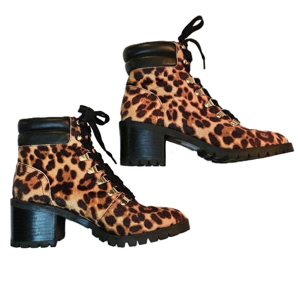 ALDO Vegan Leather/Fur Leopard Print Salilia Combat Boots Shoes Size 8.5 - Picture 4 of 8